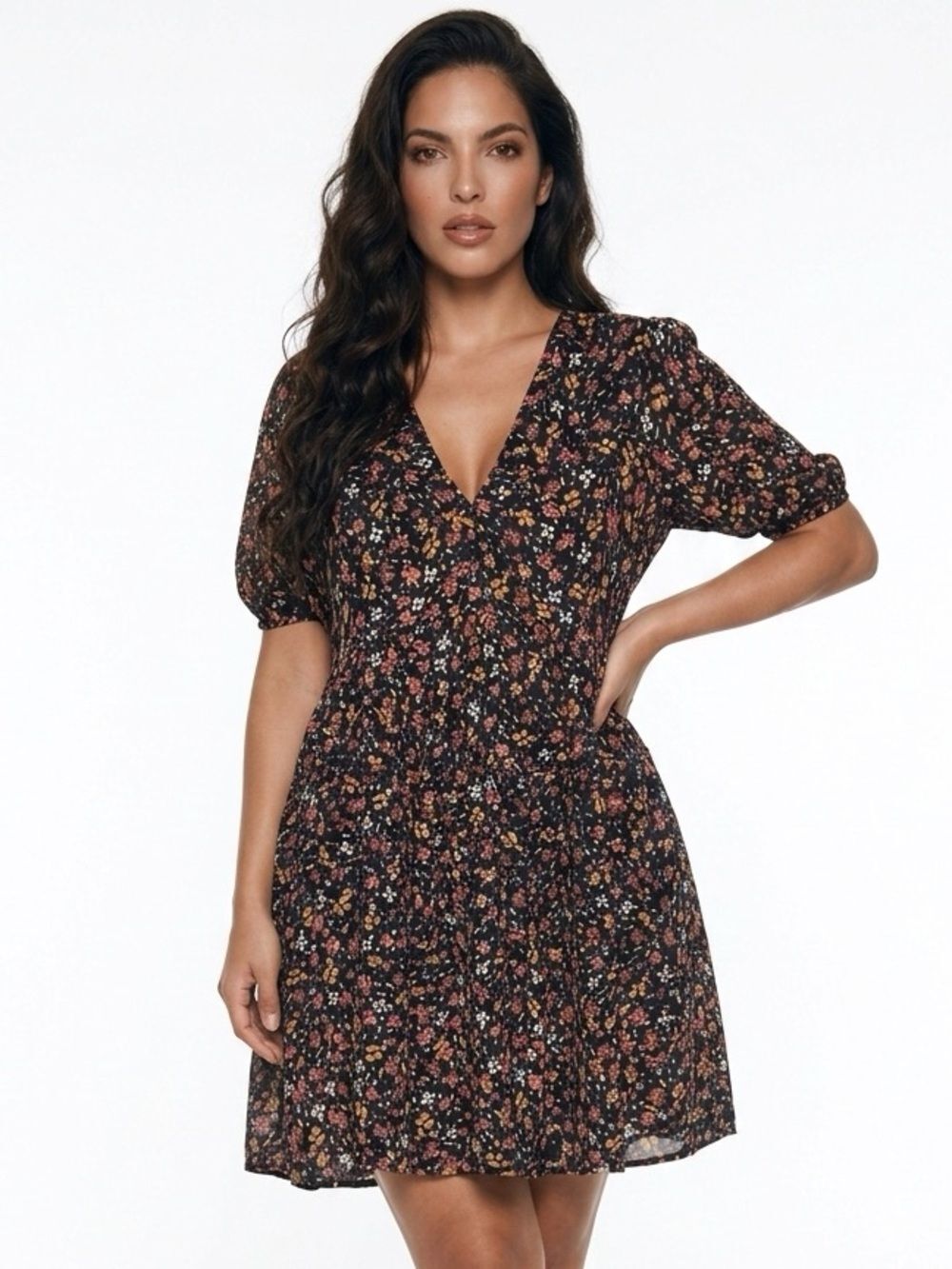 PATRONS OF PEACE | Black Floral V-Neck Tie Back Babydoll Dress Women’s Size M